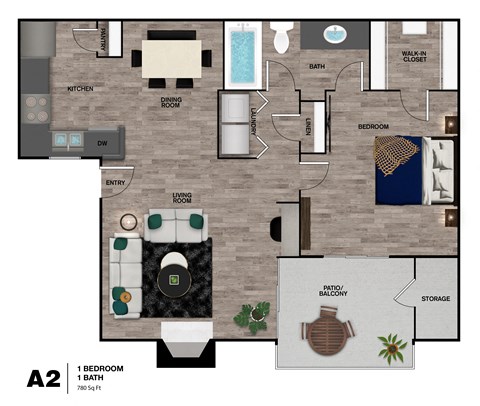 A 1 bedroom apartment with a bathroom, kitchen, dining room, living room, and patio.